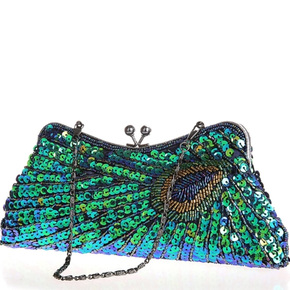 Peacock Feather 20s 30s Retro Sequin Clutch Purse Blue Green Bag Crossbody Chain - Picture 9 of 14